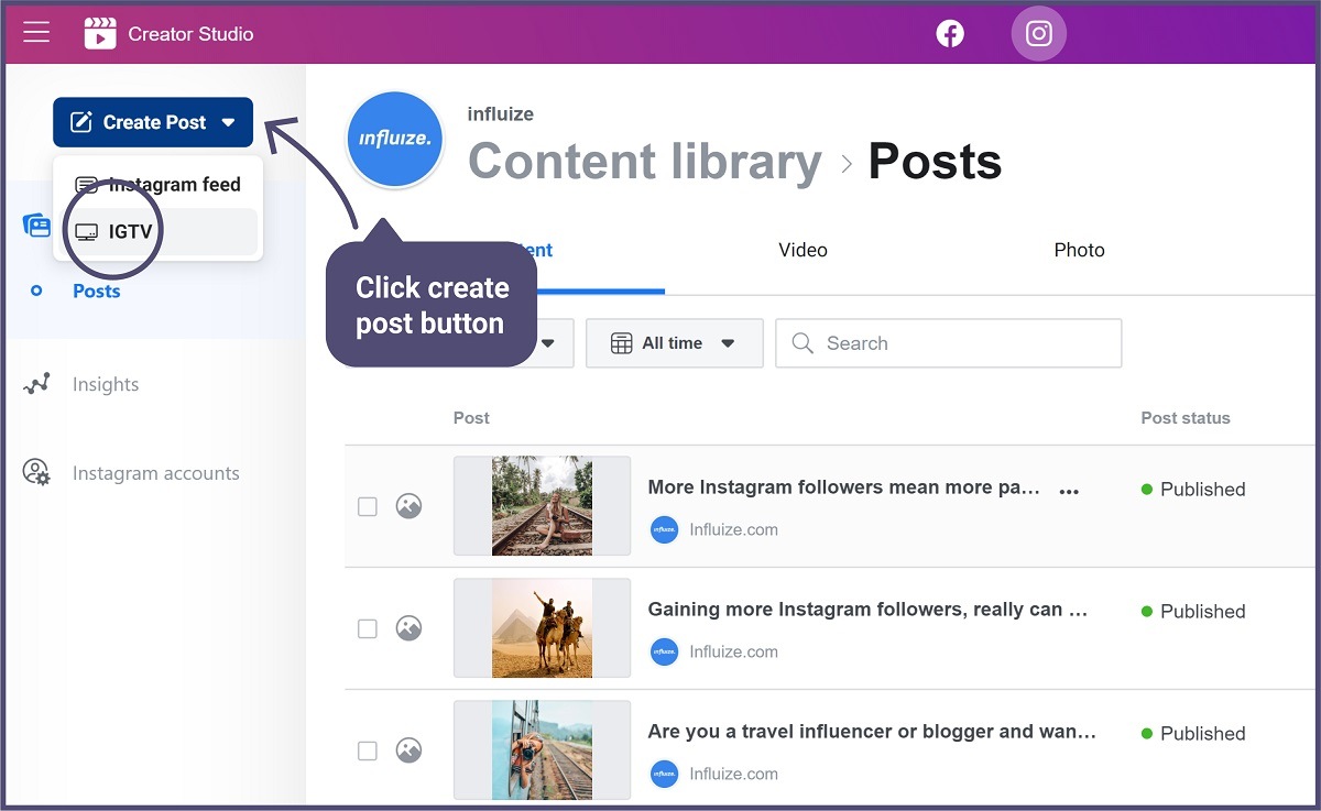 How to a upload video to Instagram from Facebook creator studio - Step 2